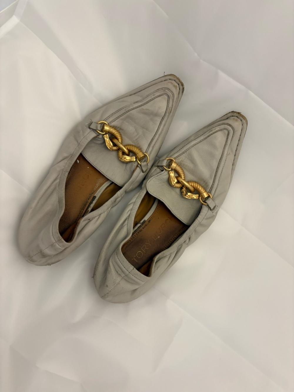 Tory Burch Light Gray Pointed-Toe Loafers with Gold Chain